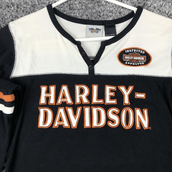 Harley-Davidson Shirt Womens Small Black White Henley Long Sleeve Biker Tee - Picture 2 of 8